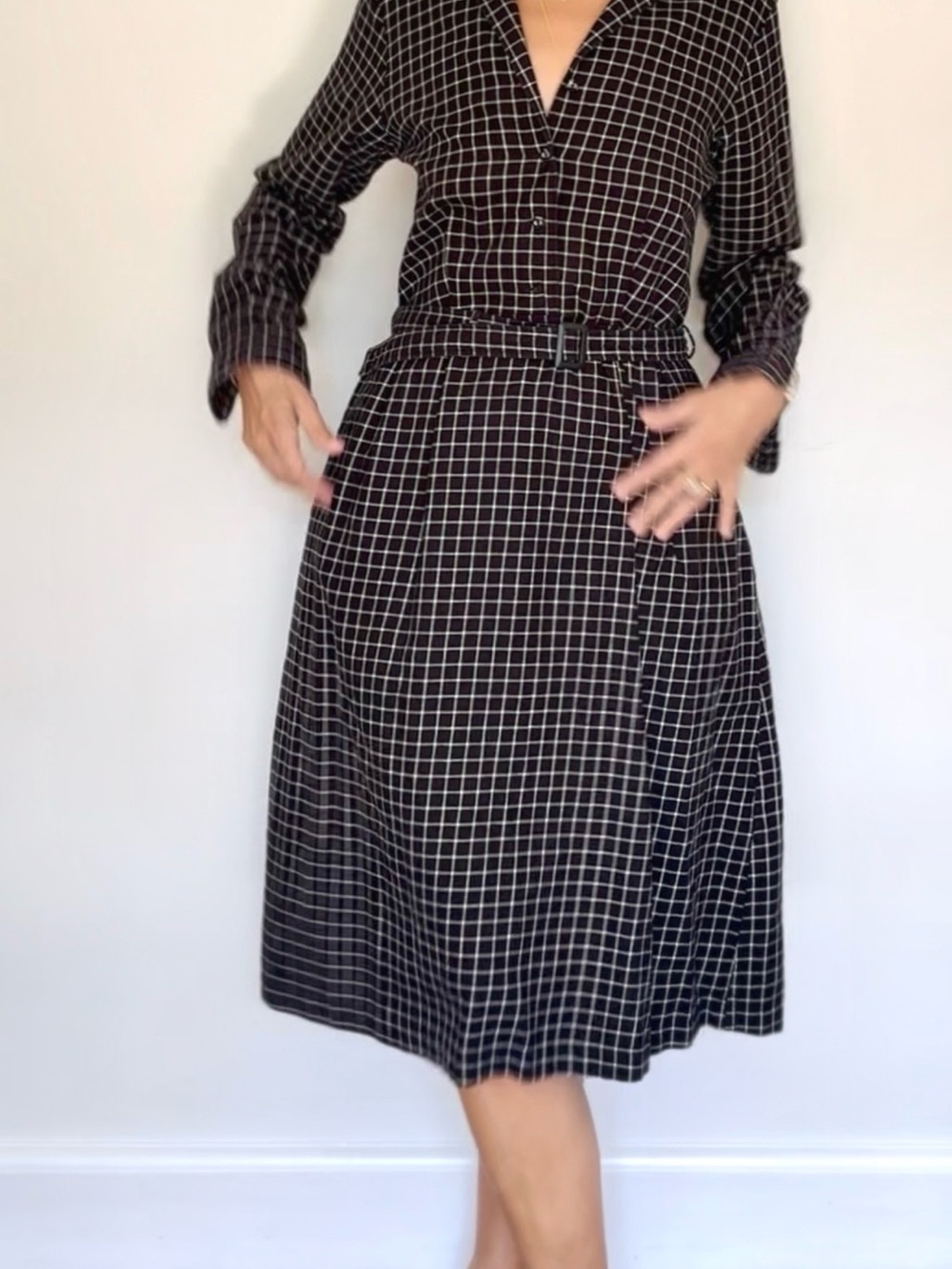 Windowpane Belted Midi Shirt Dress in Black
